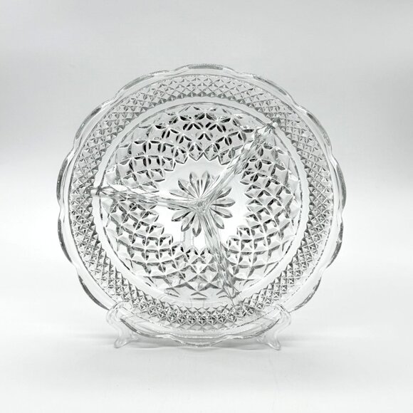 Anchor Hocking Wexford Clear Round Divided Relish Tray, 3 Sections Scalloped Rim - Picture 1 of 5